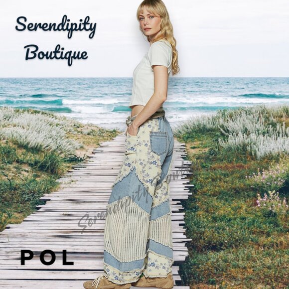 POL Floral Patchwork Frayed Edge Super Baggy Wide Flare Leg Cotton Denim Jeans - Picture 9 of 11